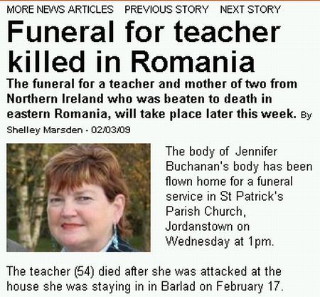 Profesoara irlandeză ucisă în România, înmormântată