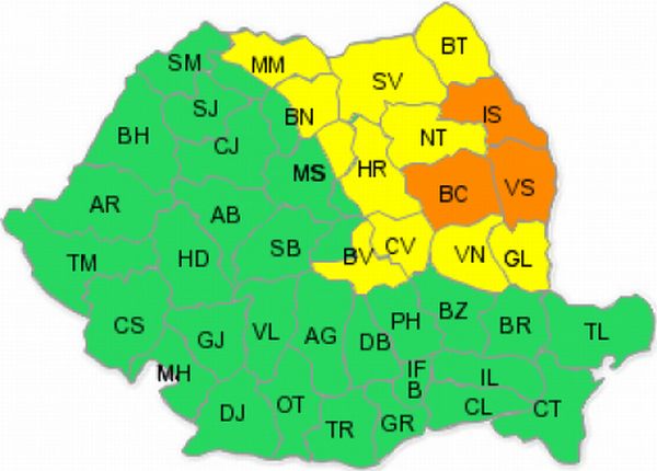 Cod portocaliu de ploi în Vaslui, Iaşi şi Bacău