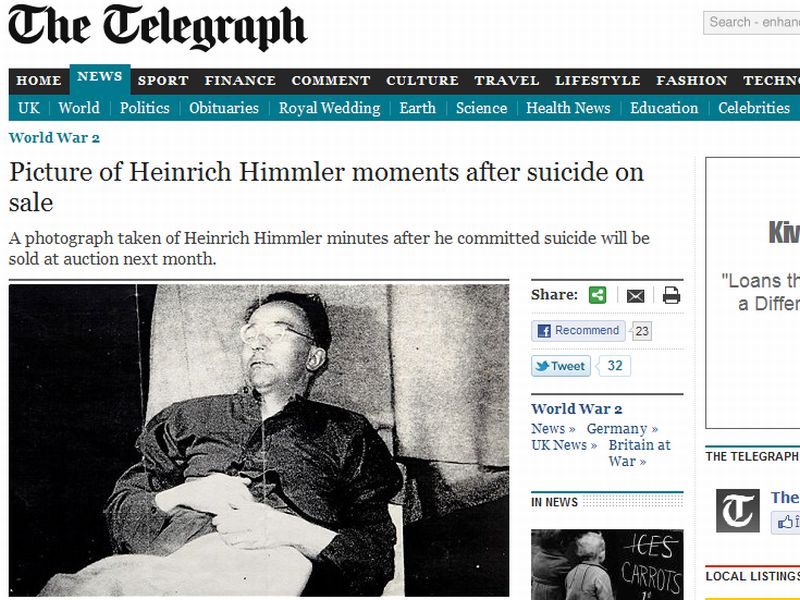 Poză a lui Heinrich Himmler, făcută imediat după sinucidere, scoasă la licitaţie