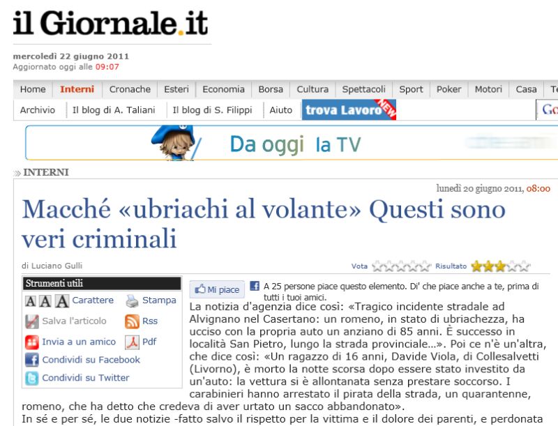 Il Giornale: Românii beți, adevărați criminali la volan