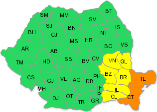CODUL PORTOCALIU, prelungit în două județe. Alte 6, sub COD GALBEN