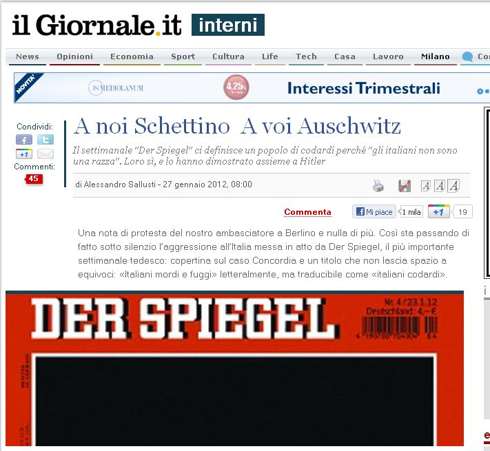 „Der Spiegel” despre italieni: „Niște lași!”. „Il Giornale„: „Noi îl avem pe Schettino, voi aveți Auschwitz”