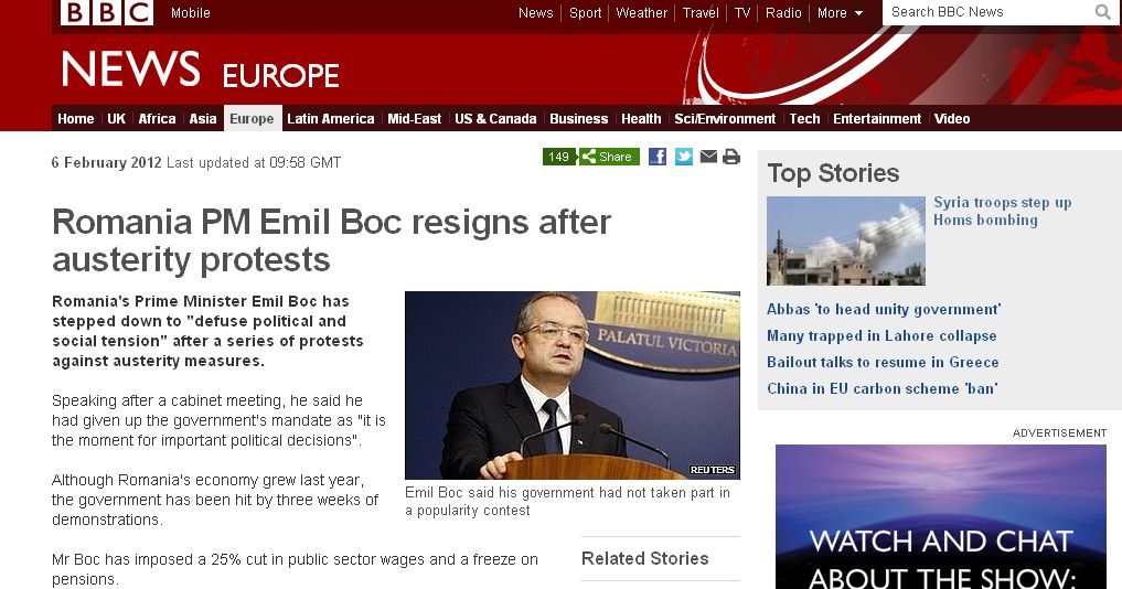 Demisia lui Emil Boc a făcut Breaking News la BBC