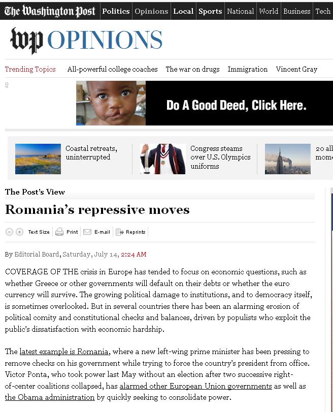 Washington Post, despre "mutările represive" din România: Premierul Victor Ponta a alarmat administraţia Obama