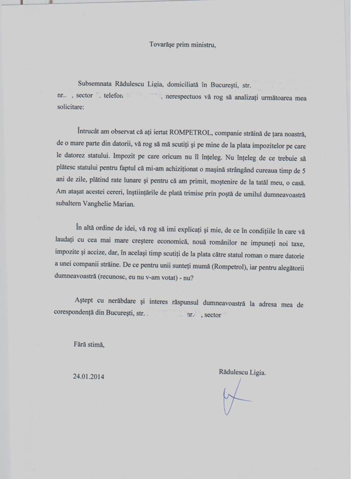 După ce Guvernul a şters datoria Rompetrol de jumătate de miliard de dolari, o femeie din Capitală cere premierului să o scutească de la plata impozitelor