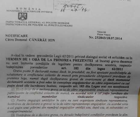 EXCLUSIV. NU E BANC! Șeful IPJ Neamț a dat un ordin prin care declară ilegală GREVA FOAMEI. Actul a fost semnat și de JURISTA instituției