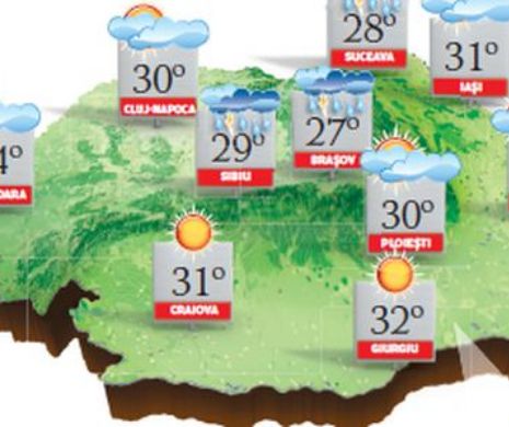 PROGNOZA METEO. În vestul și sud-vestul teritoriului, pe arii restrânse, temperaturile ating 34 de grade C