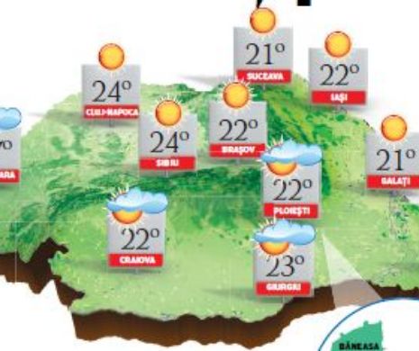 PROGNOZA METEO. Vreme deosebit de caldă în zonele intracarpatice cu cer variabil și ploi slabe