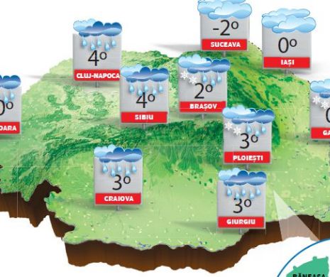 PROGNOZA METEO. Sfârșit de noiembrie cu ploi, lapoviță și ninsori în majoritatea regiunilor țării