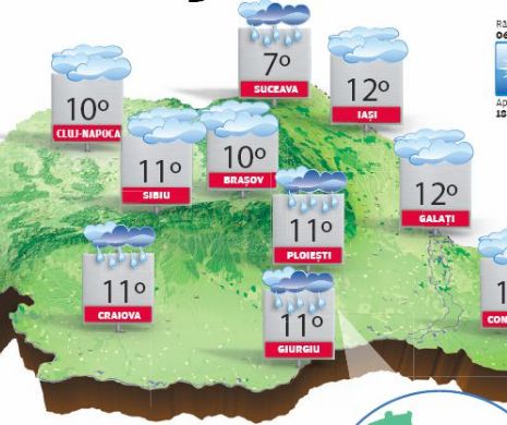 PROGNOZA METEO. Ploile vor fi vedetele zilei în Oltenia, Muntenia și izolat în Dobrogea, iar la munte va ninge