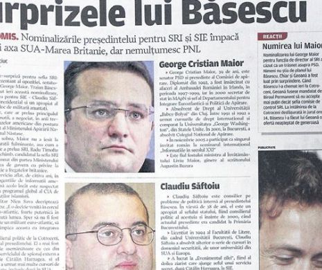 Memoria EVZ. Surprizele lui Băsescu: Maior la SRI și Săftoiu la SIE