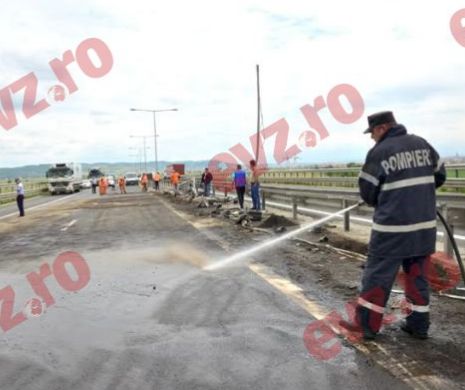 Accident pe centura Sibiului. Un autotren a rupt parapetele autostrăzii. Cauza: denivelările din asfalt