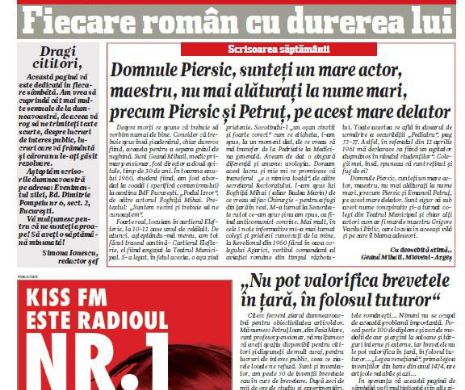 Fiecare român cu durerea lui. Scrisoarea săptămânii. Domnule Piersic, sunteți un mare actor, maestru, nu mai alăturați la nume mari, precum Piersic și Petruț, pe acest mare delator