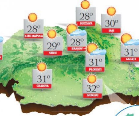Aria precipitațiilor se restrânge, iar maximele termice urcă la 32 de grade Celsius | PROGNOZA METEO