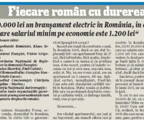 CUVÂNTUL CITITORULUI. „20.000 lei un branşament electric în România, în condiţiil în care salariul minim pe economie este 1.200 lei”