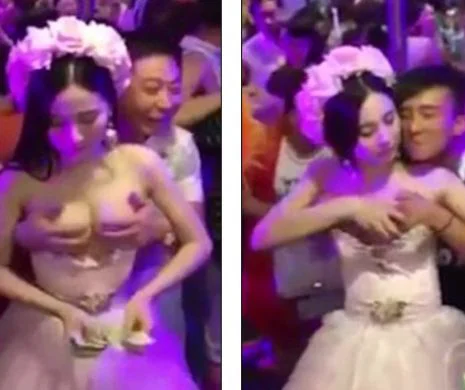 Mireasa filmata in timp ce ii lasa pe cativa nuntasi sa-i atinga "bustul" pe bani. Ce face mirele cand o vede. VIDEO