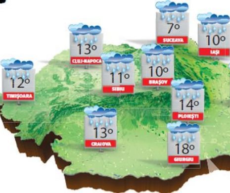 Temperaturi diurne scăzute cu vreme ploioasă și vânt în majoritatea regiunilor | PROGNOZA METEO