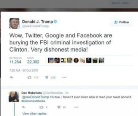Trump ACUZĂ Facebook, Google şi Twitter că sunt companii "media” lipsite de onestitate, care "îngroapă” ştirile negative despre Clinton