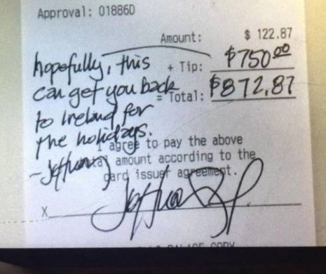 O întâmplare cum RAR mai întâlnim! Un chelner irlandez care muncește în SUA a găsit un mesaj scris pe nota de plată