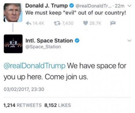 Trump:"Trebuie să ne îndepărtam de răul din ţara noastră". Replica de pe un cont NASA: "Trump este un loc pentru tine în spaţiu"