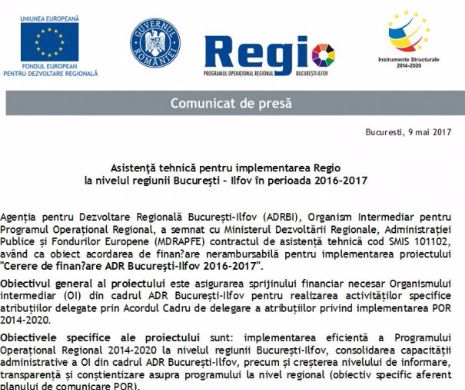 Asistenţă tehnică pentru implementarea Regio la nivelul regiunii Bucureşti – Ilfov în perioada 2016-2017 (P)