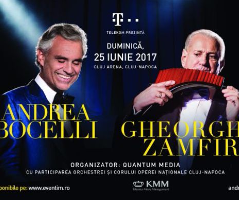 GHEORGHE ZAMFIR, alături de tenorul ANDREA BOCELLI în două mari concerte, la BUCUREŞTI şi CLUJ