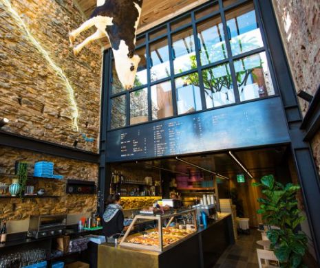 Clienţii unui restaurant, revoltaţi din cauza unui decor bizar: din tavan atârnă o vacă