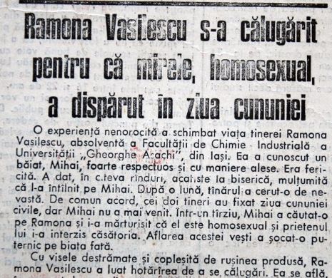 O ieșeancă s-a călugărit pentru că alesul pederast i-a fugit înainte de nuntă