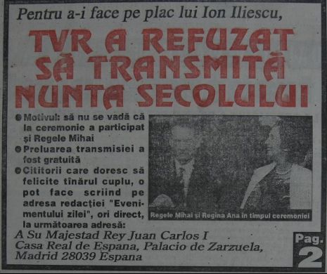 Pentru a-i FACE pe PLAC lui Iliescu, TVR a REFUZAT să transmită NUNTA SECOLULUI. Memoria EvZ