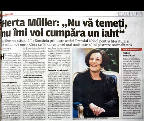 Câștigătoarea premiului Nobel pentru literatură, Herta Muller, nu și-a luat iaht de lux