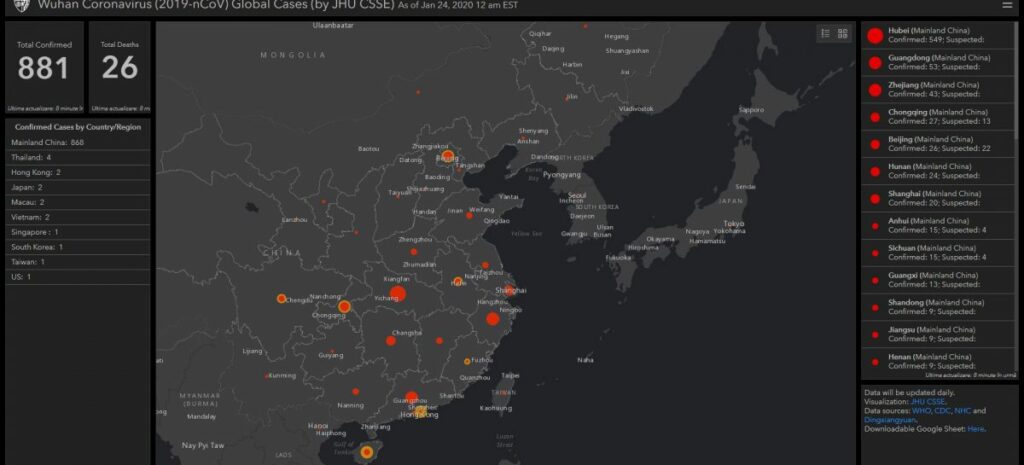 A apărut harta răspândirii în timp real a coronavirusului Wuhan. Care sunt cele mai expuse zone