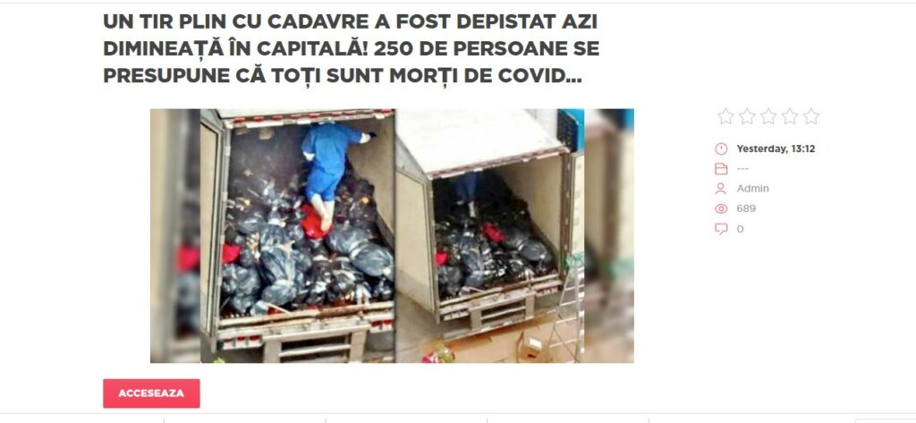”Tir plin cu cadavre în București”. Știri false pe un site găzduit de platforme din Rusia