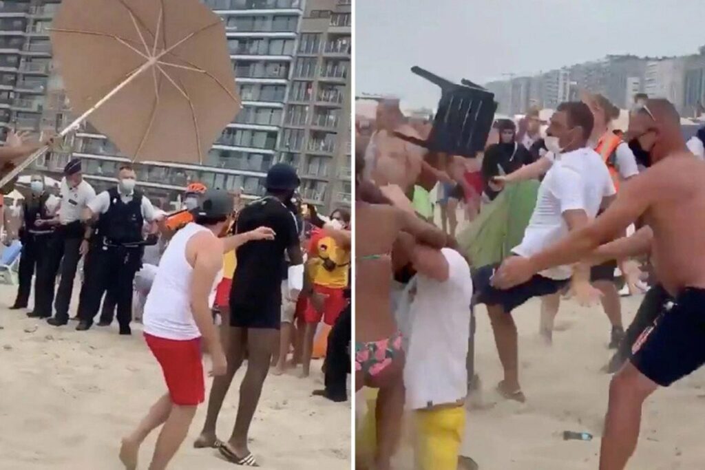 VIDEO. Bătaie generală, pe plajă! Polițiștii au fost atacați cu șezlonguri și umbrele