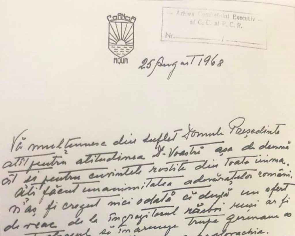 Scrisoarea în care Henri Coandă îi mulțumește lui Ceaușescu pentru cuvântarea din 21 august 1968