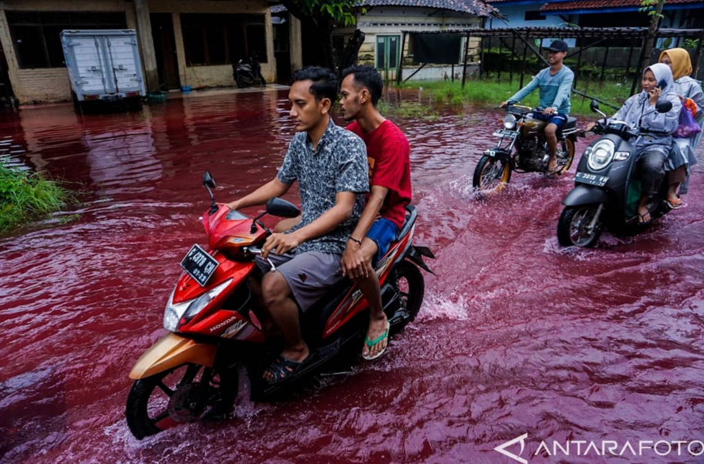 Imagini apocaliptice. Un sat din Indonezia indundat de un râu roșu ca sângele