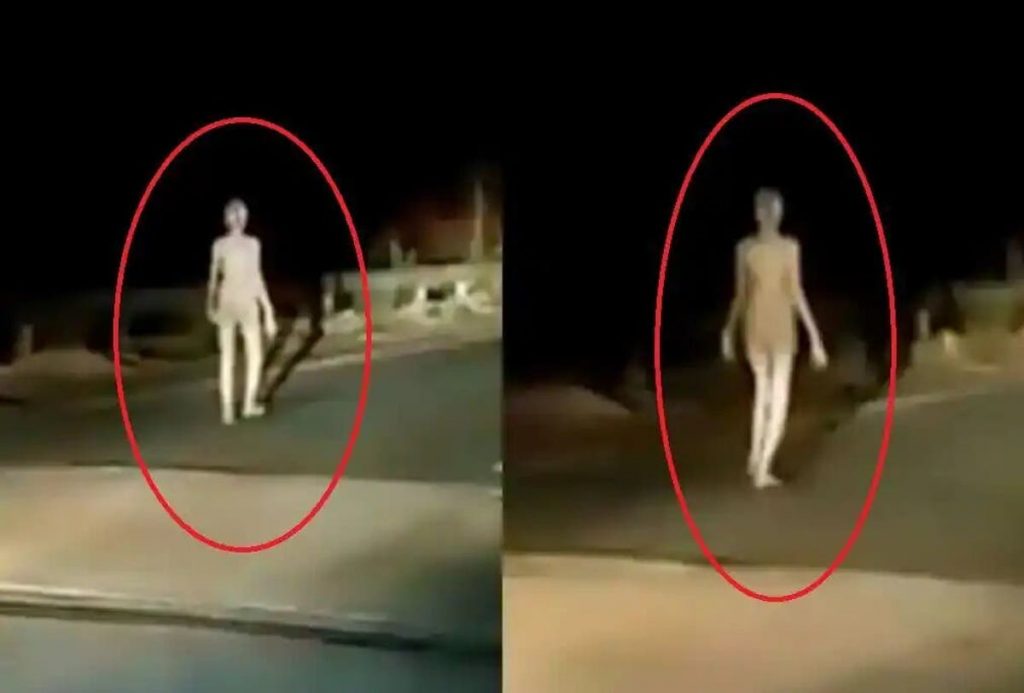 O creatură înfricoșătoare asemănătoare unui extraterestru, filmată mergând noaptea pe șosea. VIDEO 