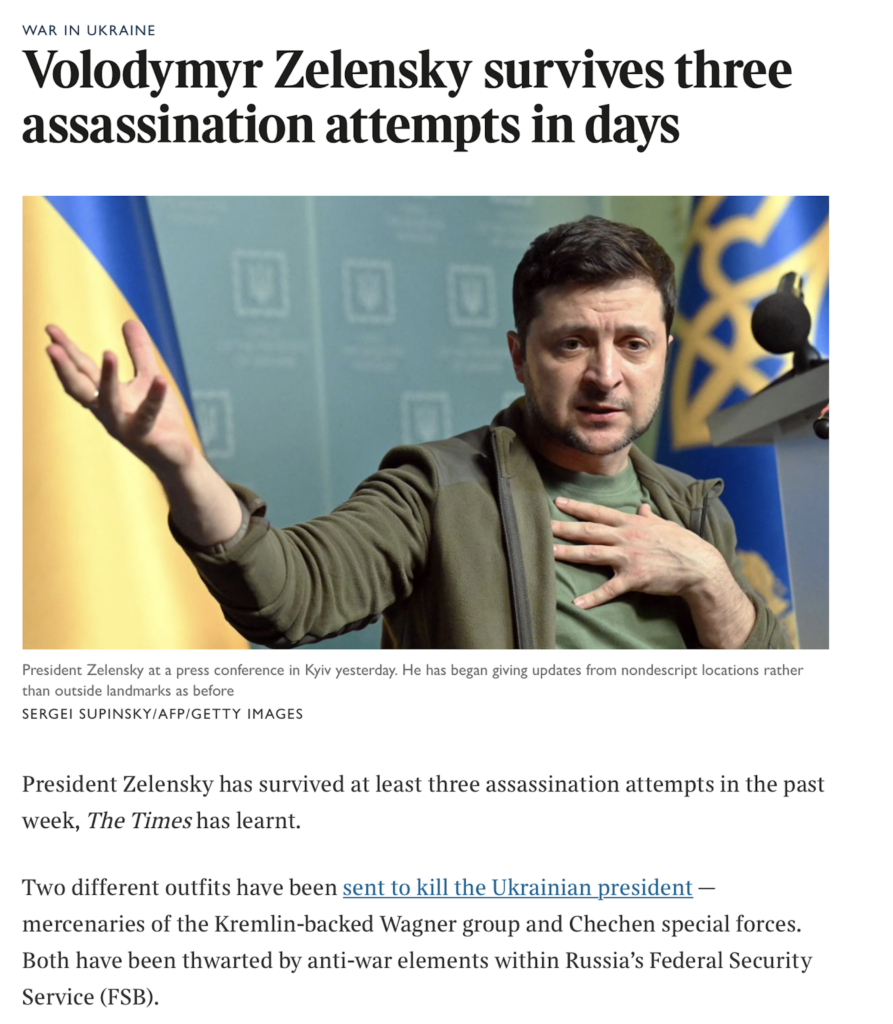 Președintele ucrainean Zelenski a scăpat din 3 tentative de asasinat. Putin a fost trădat de ai lui