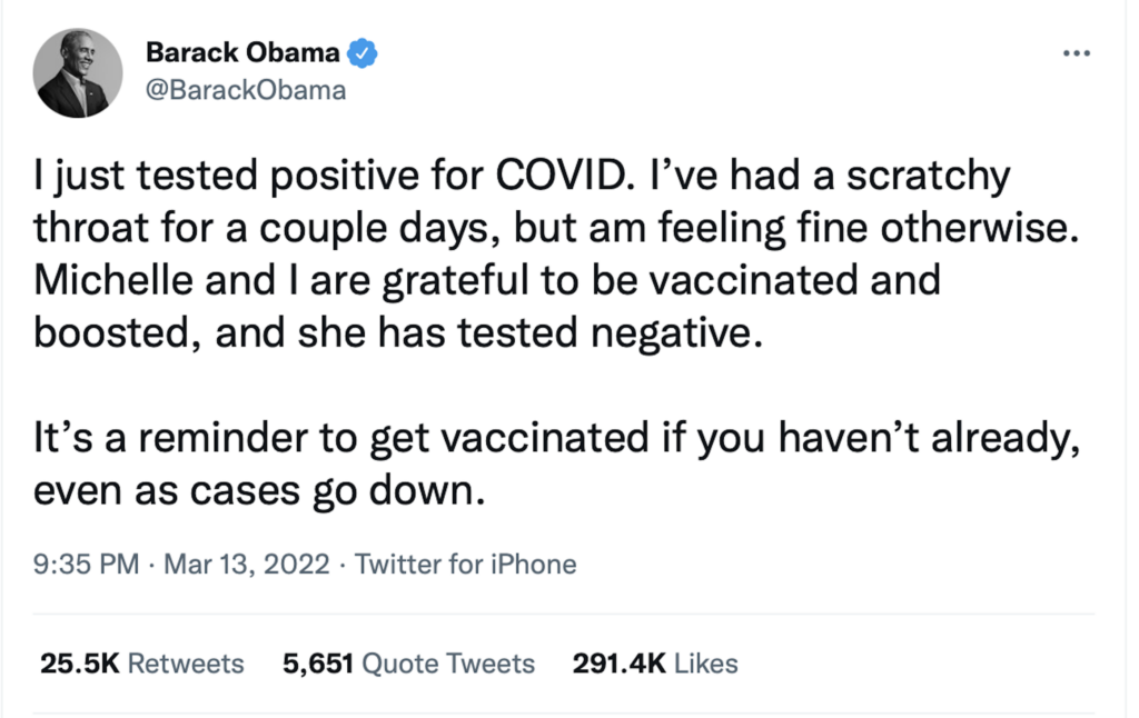 Fostul președinte Barack Obama a anunțat că a fost testat pozitiv pentru COVID-19