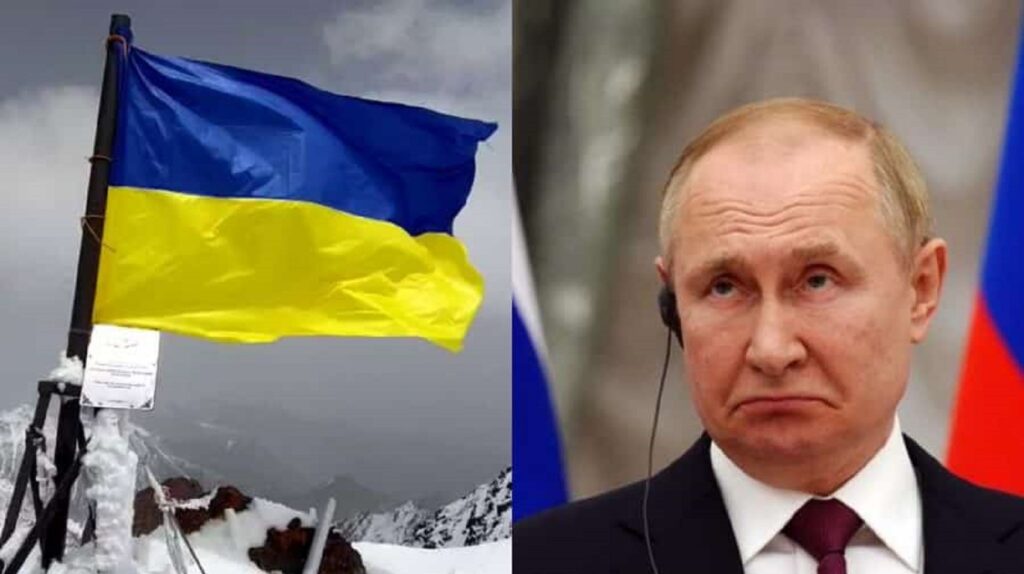 Steagul Ucrainei, arborat  pe Vârful Putin. Acesta se afla într-un lanț muntos din Kirghizstan și a fost „botezat” în cinstea președintelui rus în 2011. Video