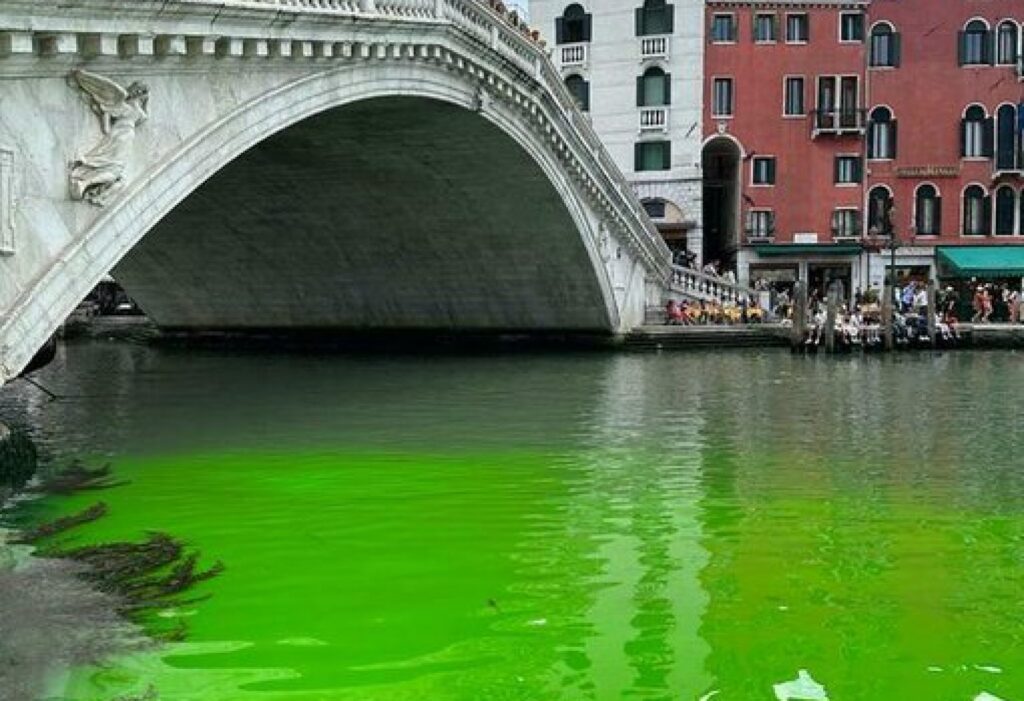 Mister la Veneția. Apa de pe Canal Grande s-a colorat în verde strălucitor
