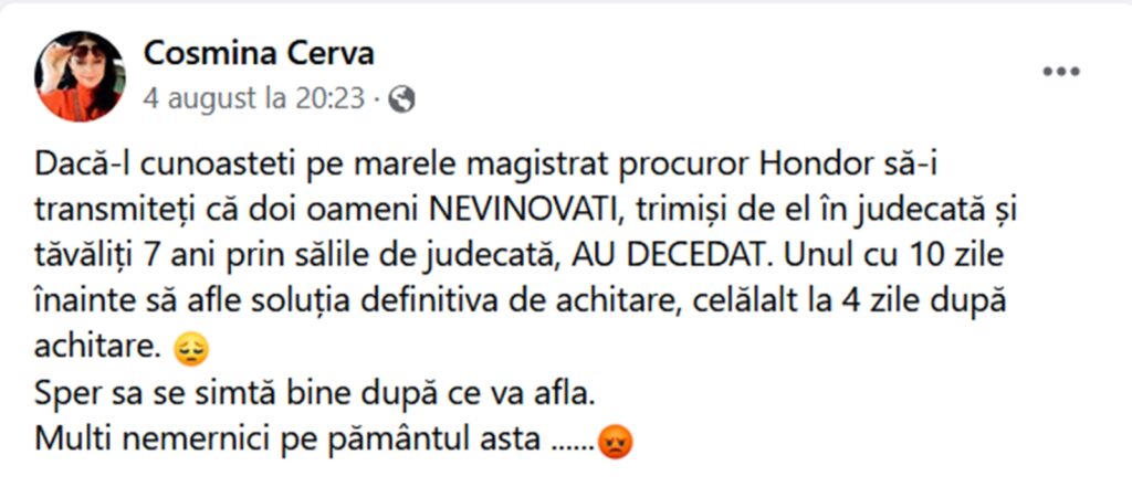 Mesajul postat de avocata Cosmina Cerva pentru procurorul Hondor.