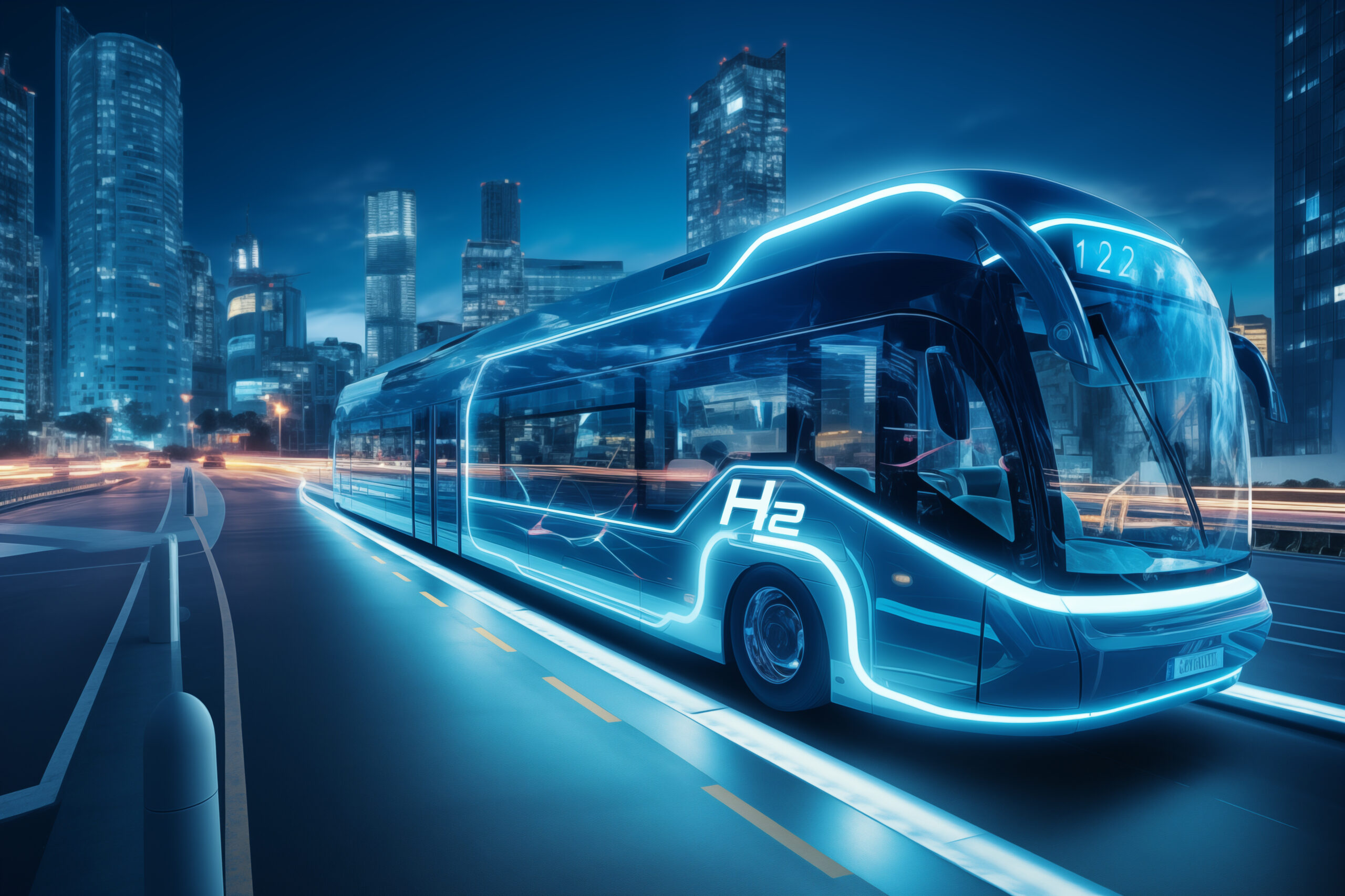 Autobuz cu hidrogen, conceput artistic ca mijloc de transport al viitorului