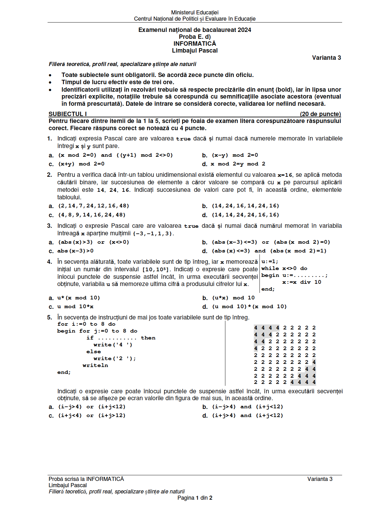 Subiect Informatică, Bacalaureat 2024