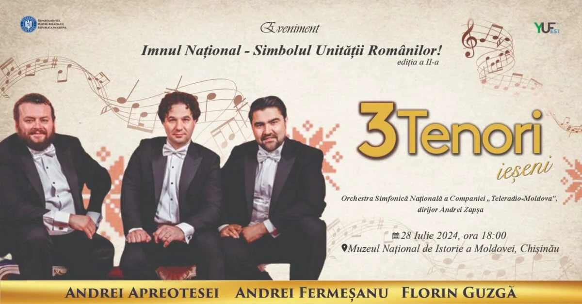 „Cei trei tenori ieșeni” vor poposi în Basarabia. Concert extraordinar de operă, în Ziua Imnului Național al României