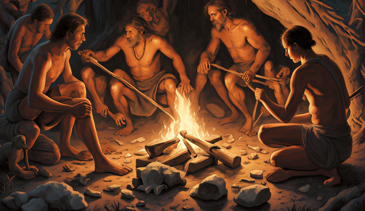 Oameni din epoca de piatră în jurul focului