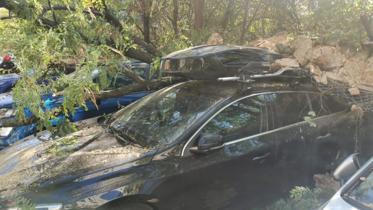 La un pas de tragedie. Un gard al conacului Dudești s-a prăbușit peste mai multe  mașini. Foto