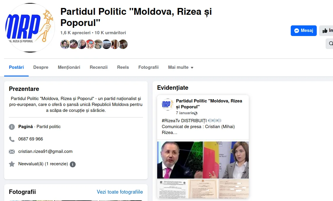 Pagina controlată de Rizea pe Facebook