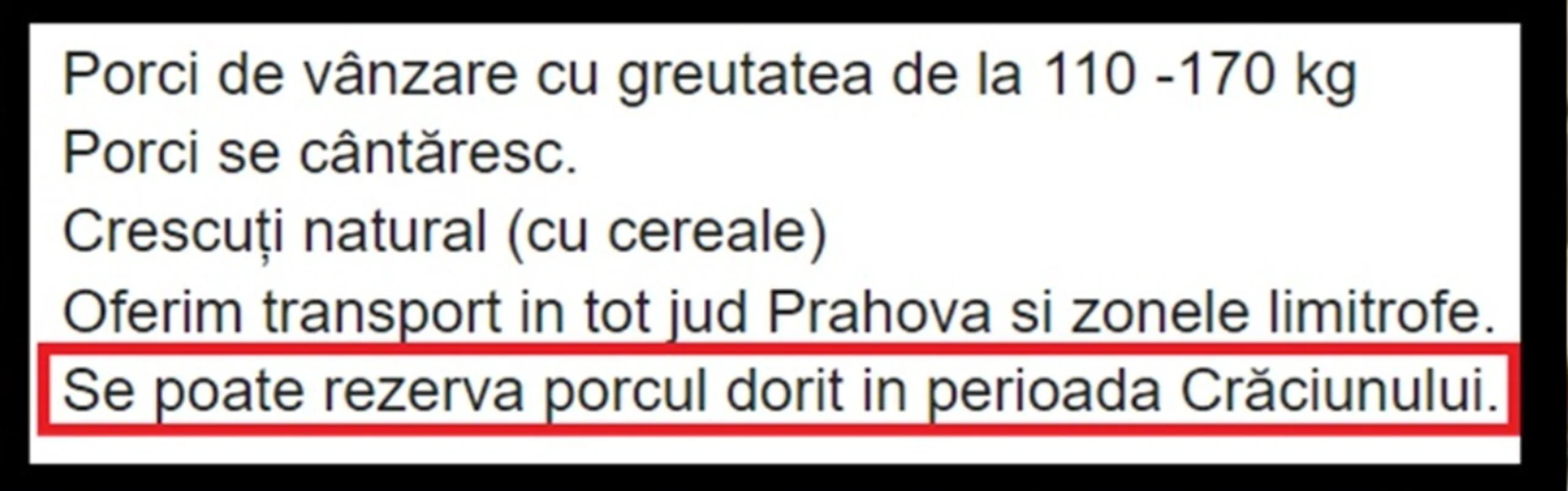 Anunț de rezervare pentru porcul de Crăciun 