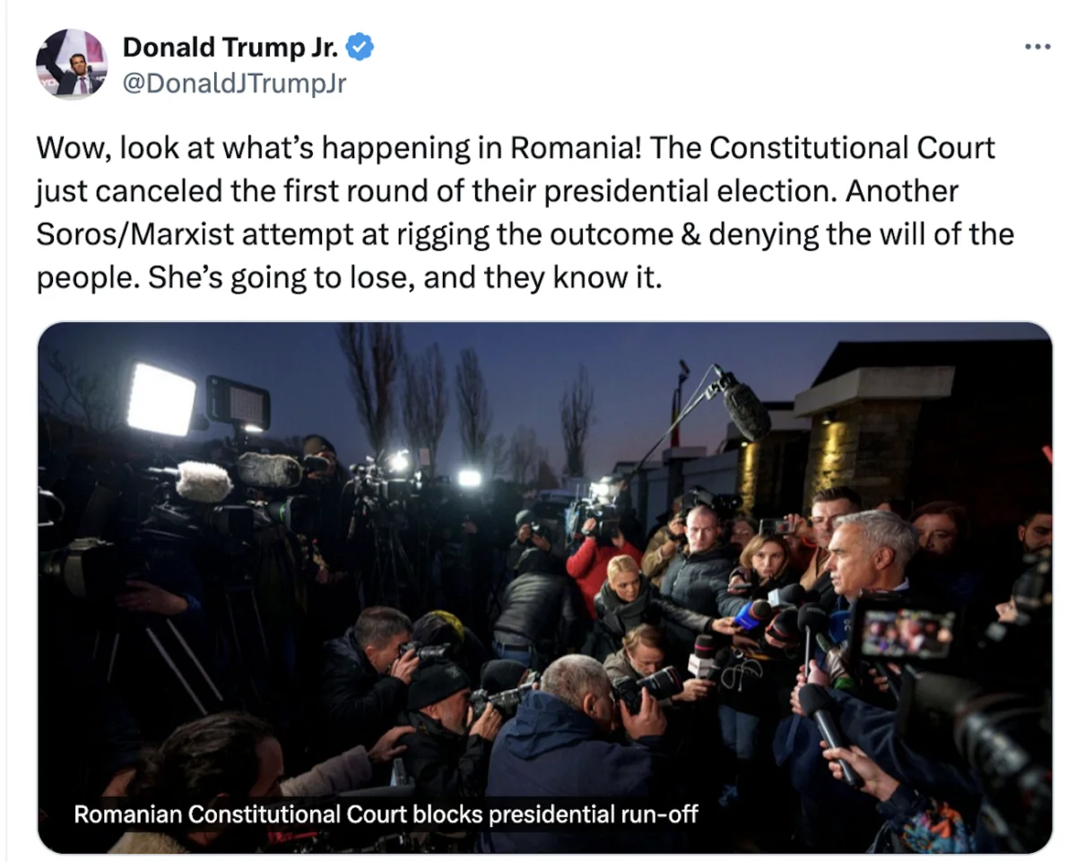 Donald Trump Jr. spulberă decizia Curții Constituționale: O încercare Soroș/Marxistă de a submina voința poporului român