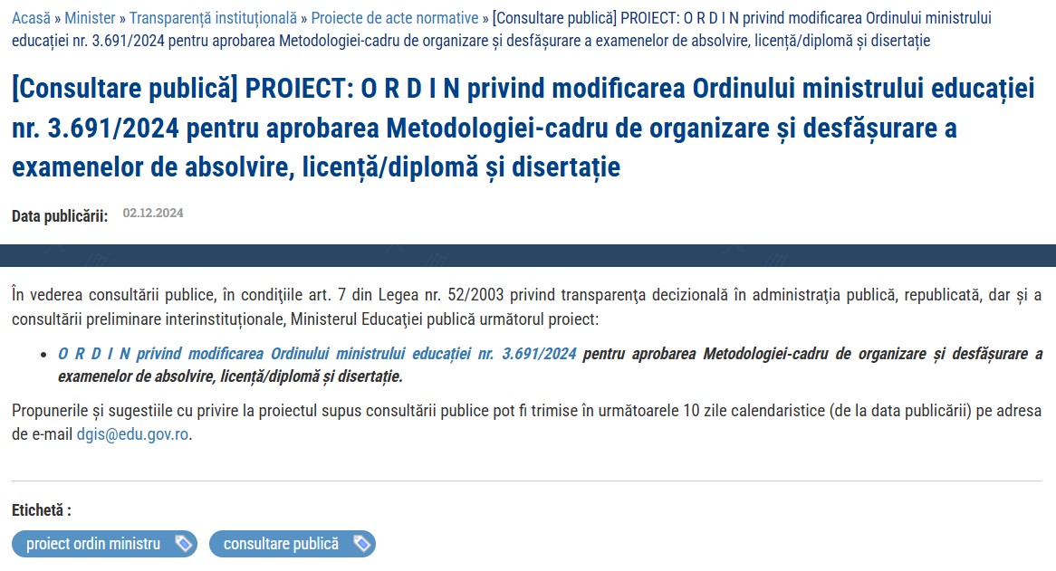 Proiect de ordin al Ministerului Educației - sursa foto Captură de ecran edu.ro